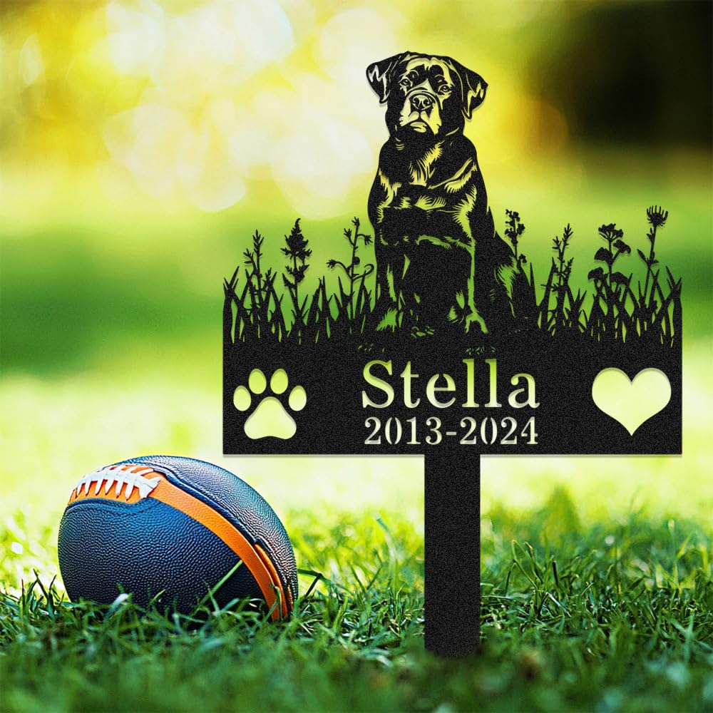Custom Rottweiler Dog Memorial Grave Marker with Stake,Personalized Dogs Name Memorials Engraved Burial Sign,Customized Loss of Sympathy Gifts for Pet Owner,Flower Pets Headstone for Cemetery Lawn