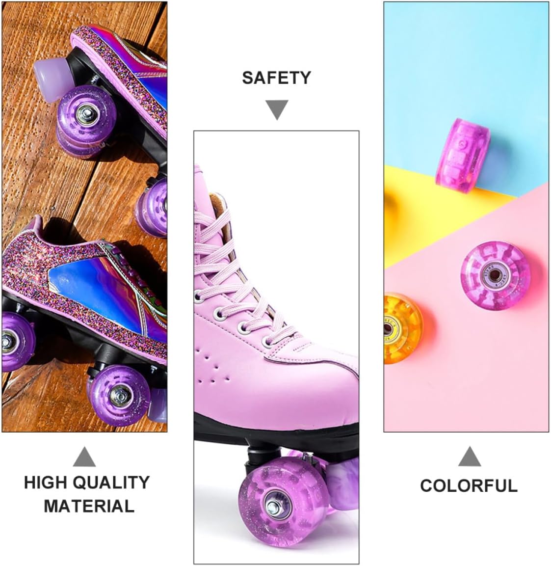 POPETPOP Roller Skates Wheels Double Row 4pcs Set Pink Purple Iridescent LED Light up Outdoor Skating Replacement Wheels for Quad and Inline Skates
