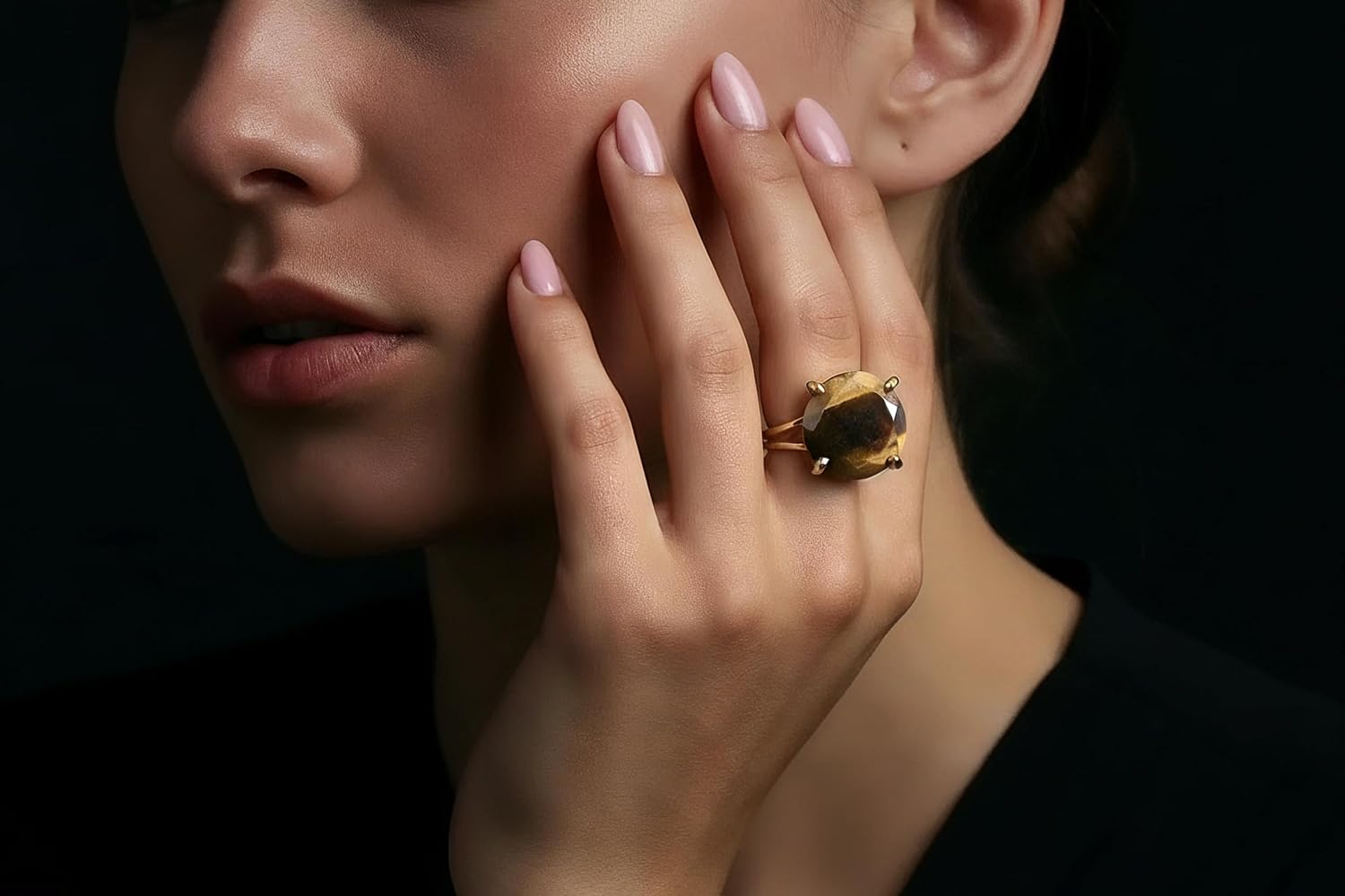 14k Rose Gold Tiger Eye Ring - Round Cut Natural Gemstone Jewelry - Handmade Brown Stone Statement Ring for Women - Earthy Semiprecious Jewelry