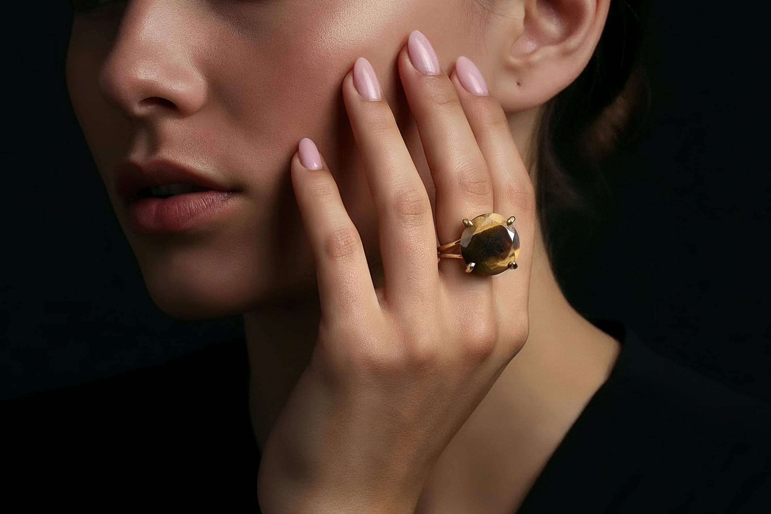 Anillo de Cristal de Ojo de Tigre de 16MM - Anillo de Oro Amarillo - Joyería Bohemia, de Moda, de Regalo - Anillos de Oro Artesanales para Mujer - Elección de Material y Tamaño