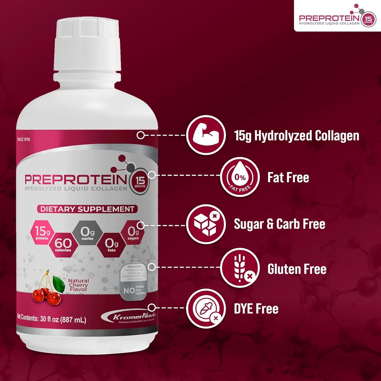 PreProtein 15 Liquid Hydrolyzed Collagen Peptides – Sugar Free Cherry Flavor Drink – 15g Protein Amino Acid Supplement for Bariatric Recovery, Joint Support & Wound Care – 30oz