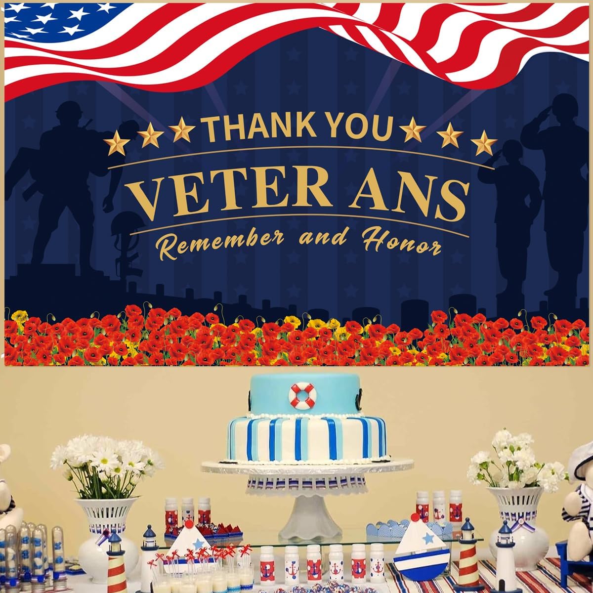 Thank You Veterans Day Decorations Banner Photography Backdrop Red Poppies 4th of July Patriotic Veterans Police Military Army Employees Independence Memorial Day Party Indoor Outdoor - Image 4