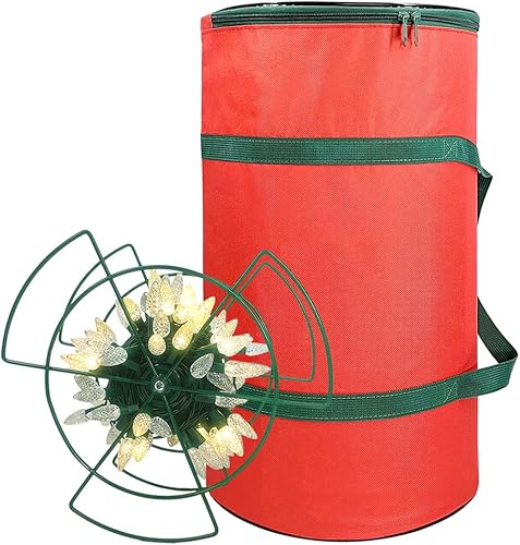 Sattiyrch Bolsa de almacenamiento de luz de Navidad, con 4 carretes de metal para almacenar un montón de bombillas de luces navideñas navideñas,