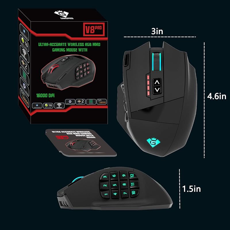 Rytaki Gamspeed V8 Pro Vezeték Nélküli MMO Gamer Egér 16000 DPI Lézer Technológiával, 16 Programozható Gombbal, RGB Világítással, Ergonomiku
