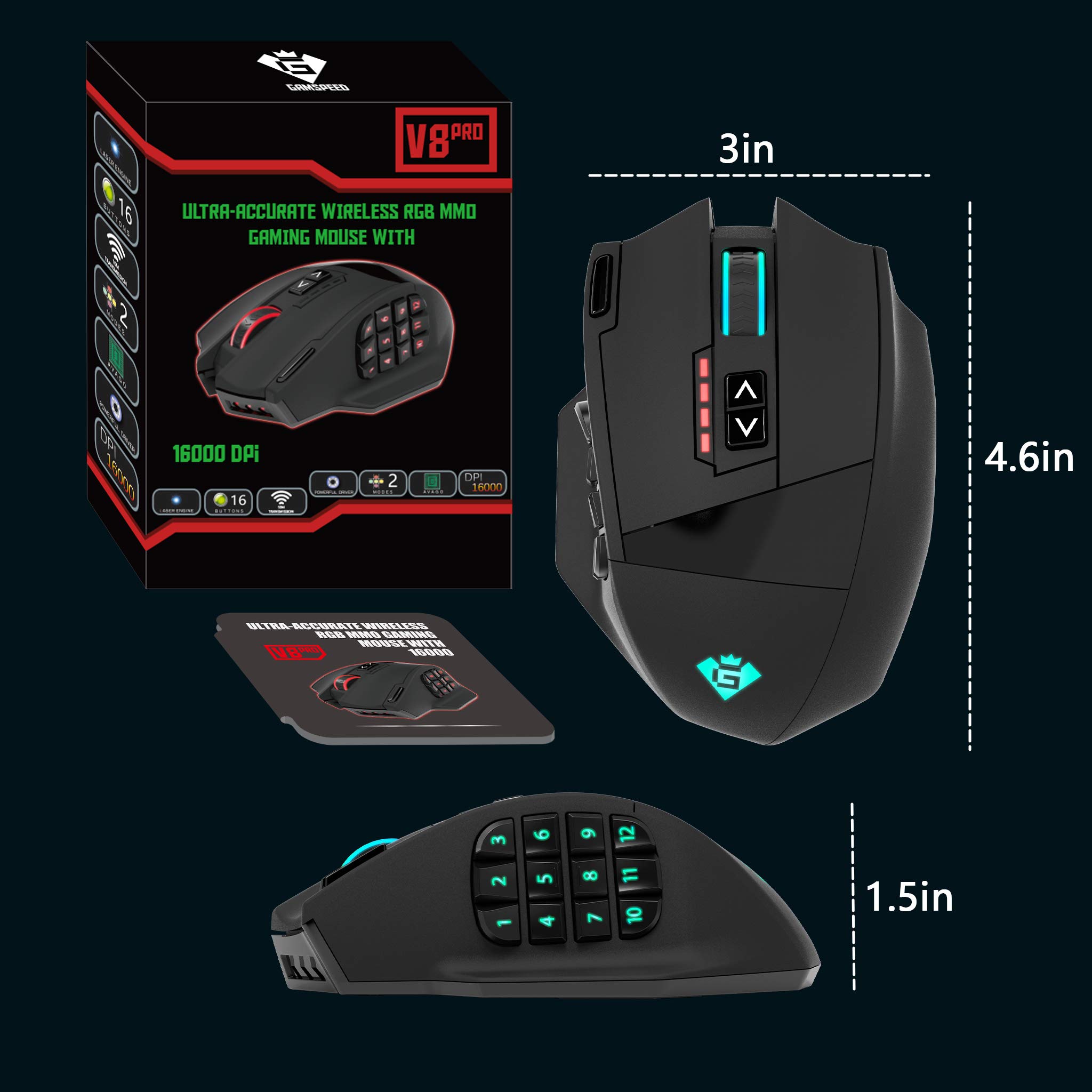 Gamspeed V8 Pro RGB MMO bezprzewodowa mysz do gier, 16 000 DPI, technologia 2,4 GHz, ergonomiczna konstrukcja, uchwyt palmowy, chromowane oświetlenie, 16 przycisków