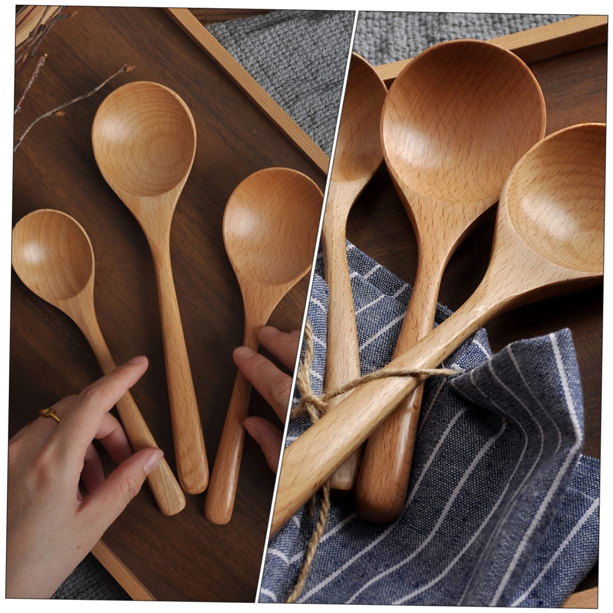 GRIRIW 3pcs Beech Spoon Long Handled Soup Ladle Safe Spoons Rice Spoons Noodles Spoon Dinner Serving Spoon Mixing Spoons Stirring Spoons Mini Spoons for Desserts Soup Spoons Wooden
