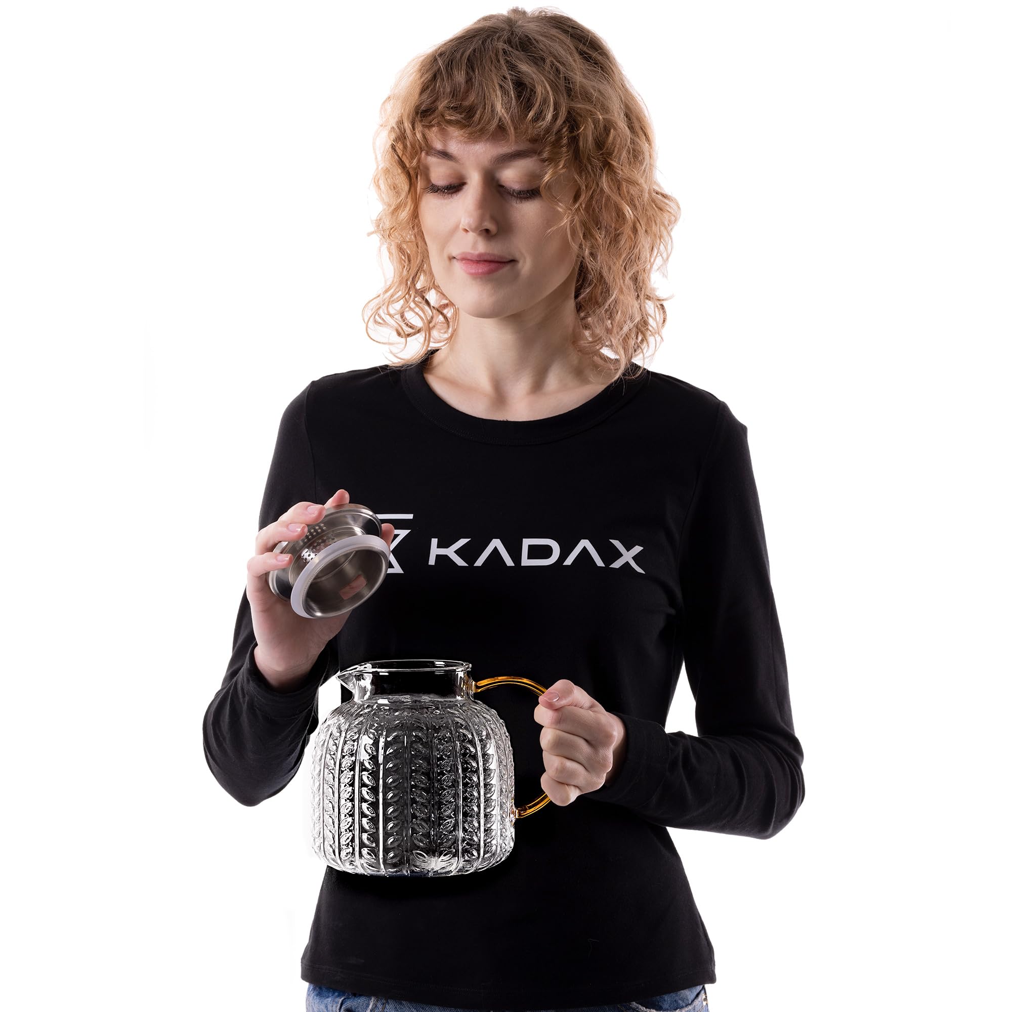 KADAX Teiera 1,3 litri in vetro borosilicato, caraffa in vetro resistente al calore con coperchio in acciaio inox e filtro integrato, teiera in vetro, caraffa in vetro