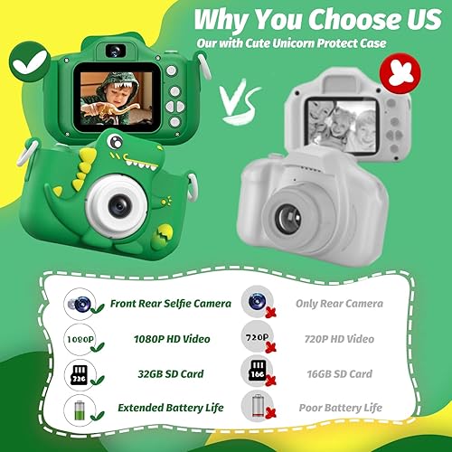 Miniatura 4 de Upgrade Dinosaur Kids Camera, Christmas Birthday Gifts for Girls Boys 3-12, 1080P HD Selfie Digital Video Camera for Toddlers, Cute Portable Little