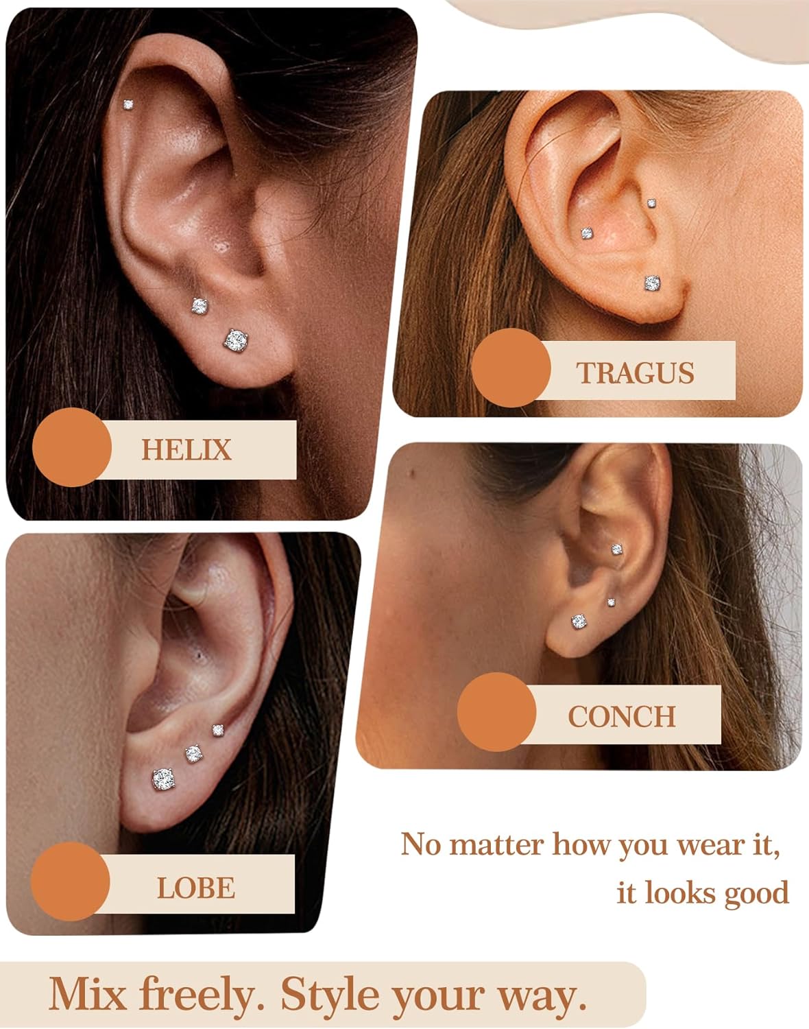 3 Pairs Moissanite Flatback Stud Earrings for Women, 925 Sterling Silver Hypoallergenic Flat Back Cartilage Earrings Set, 18K White Gold Plated - Image 5