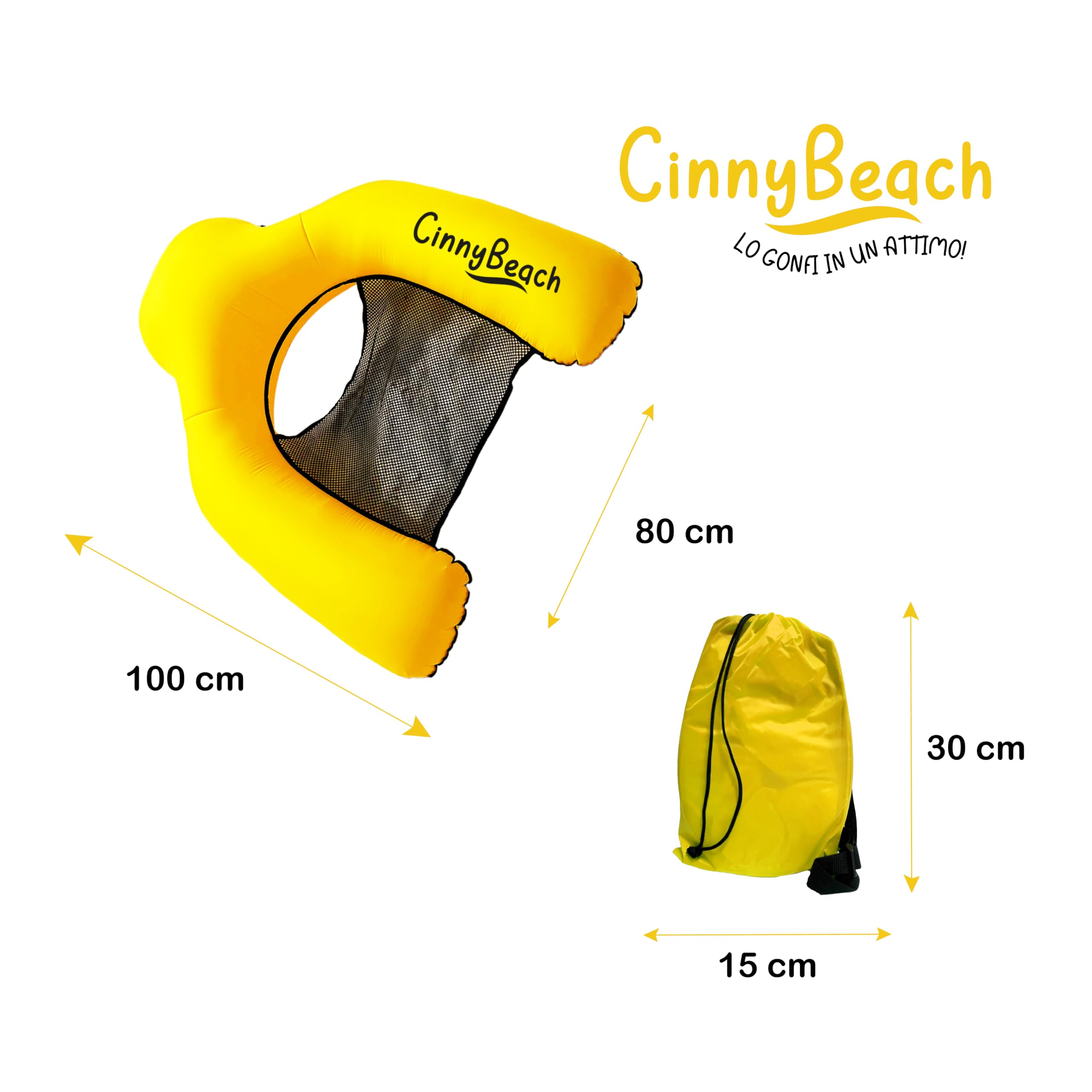 Cinnybeach, Materassino mare, Autogonfiabile, Poltrona piscina con Rete, amaca mare, Materassino Senza Pompa per Spiaggia e Piscina, con Borsa e Picchetto - Innovativo si Gonfia con il Vento (Giallo)