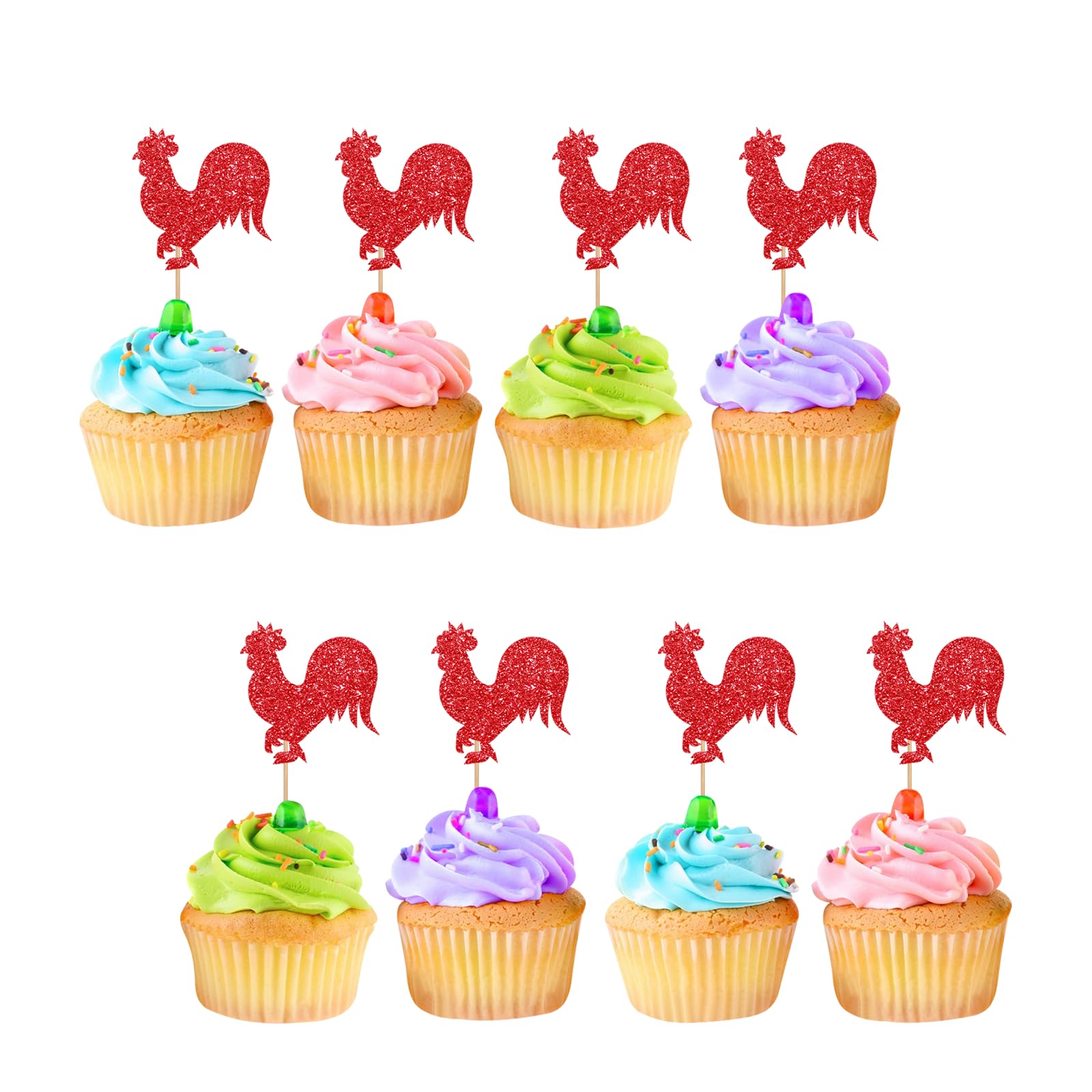 24pcs Rooster Cupcake Toppers, Farm Animal Cupcake Toppers, Red Glitter Farmhouse Rooster Cupcake Picks, Farmer Birthday/Rooster Animal Themed Baby Shower Party Supplies