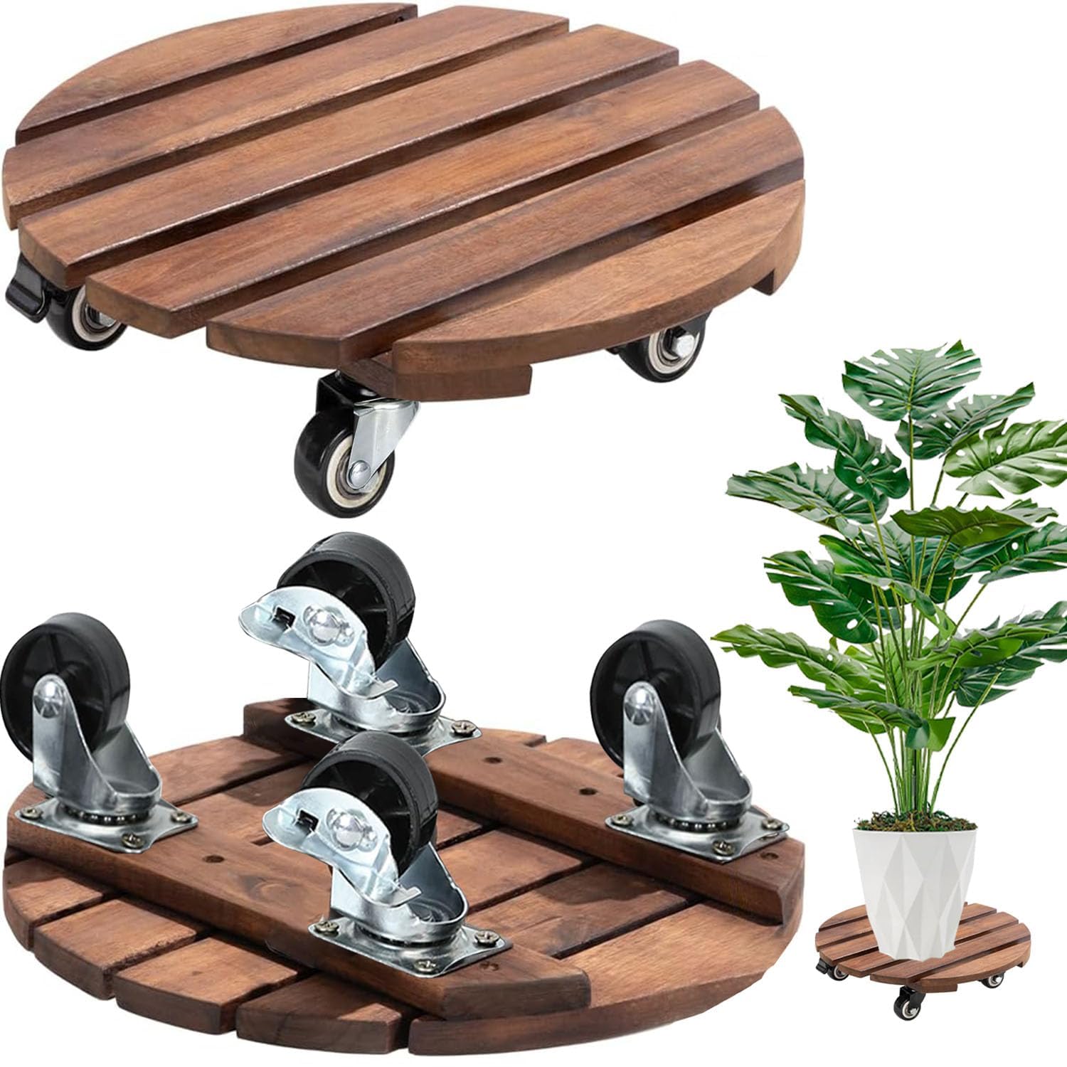 Duscdesp 2 Pack 360° Plant Stand 30cm Plant Caddy with Lockable Wheels Wooden Pot Stand for Indoor Outdoor Home Garden（Circle）