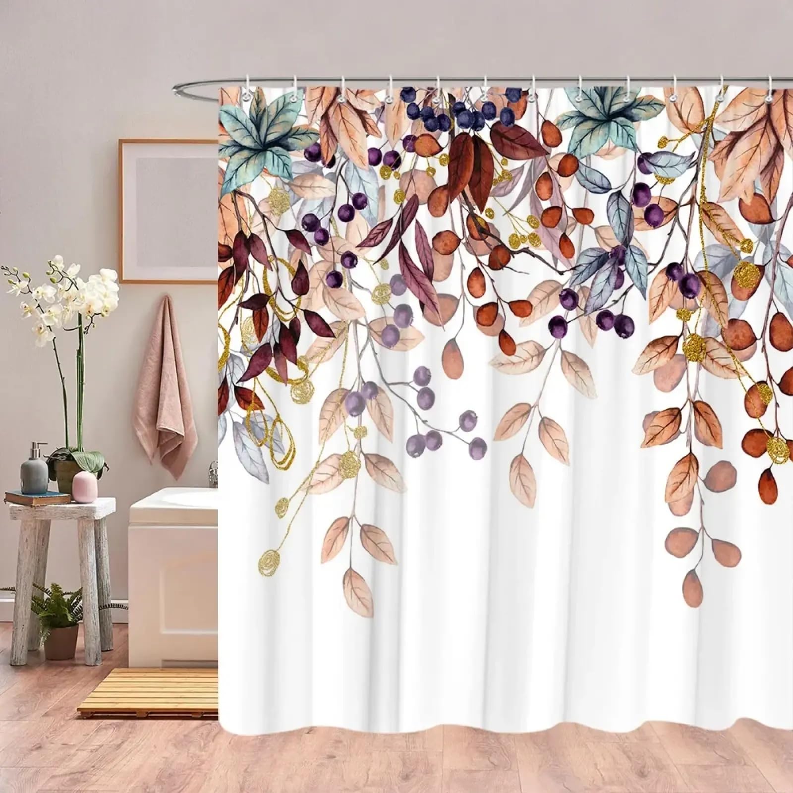 Duschvorhang mit Eukalyptusblättern im Herbst, Aquarell, durchhängende gelbe Blätter, Thanksgiving-Geschenk, Stoff-Duschvorhang, BxL: 240 x 200 cm, Duschvorhang für Stall