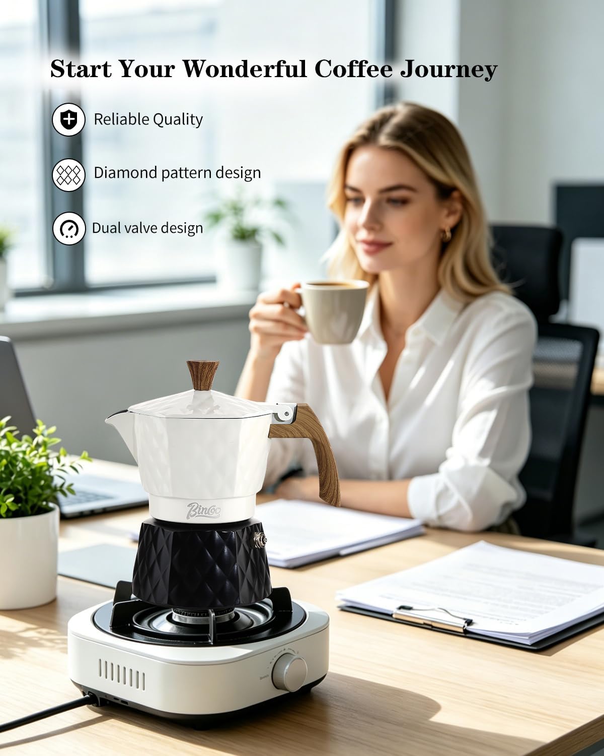 Bincoo 120ML Stovetop Espresso Maker Double Valve Moka Pot with Thermostat Extractor Prevent over-extraction,Italian Espresso Moka Pot with Powder Dispenser and Filter Paper for Home (White/Black)
