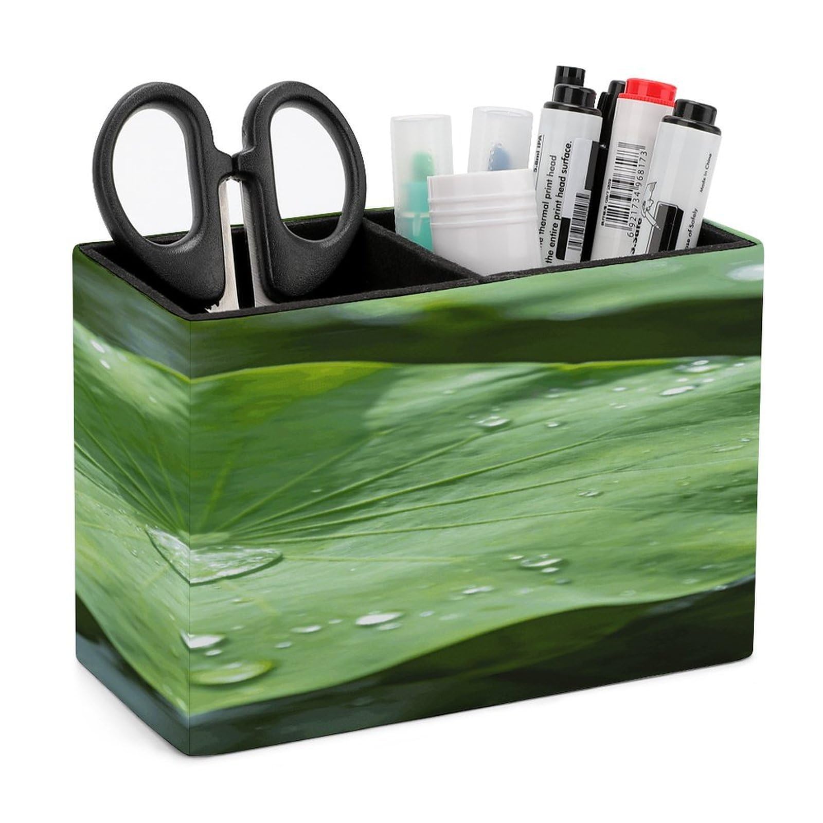 LZQPOEAS Green Lotus Leaf Pen Holder Double Compartments Pen Cup Makeup Brush Holders Leather Pencil Holder Locker Organizer for Work Locker Accessories Modern Pencil Cup for Desk