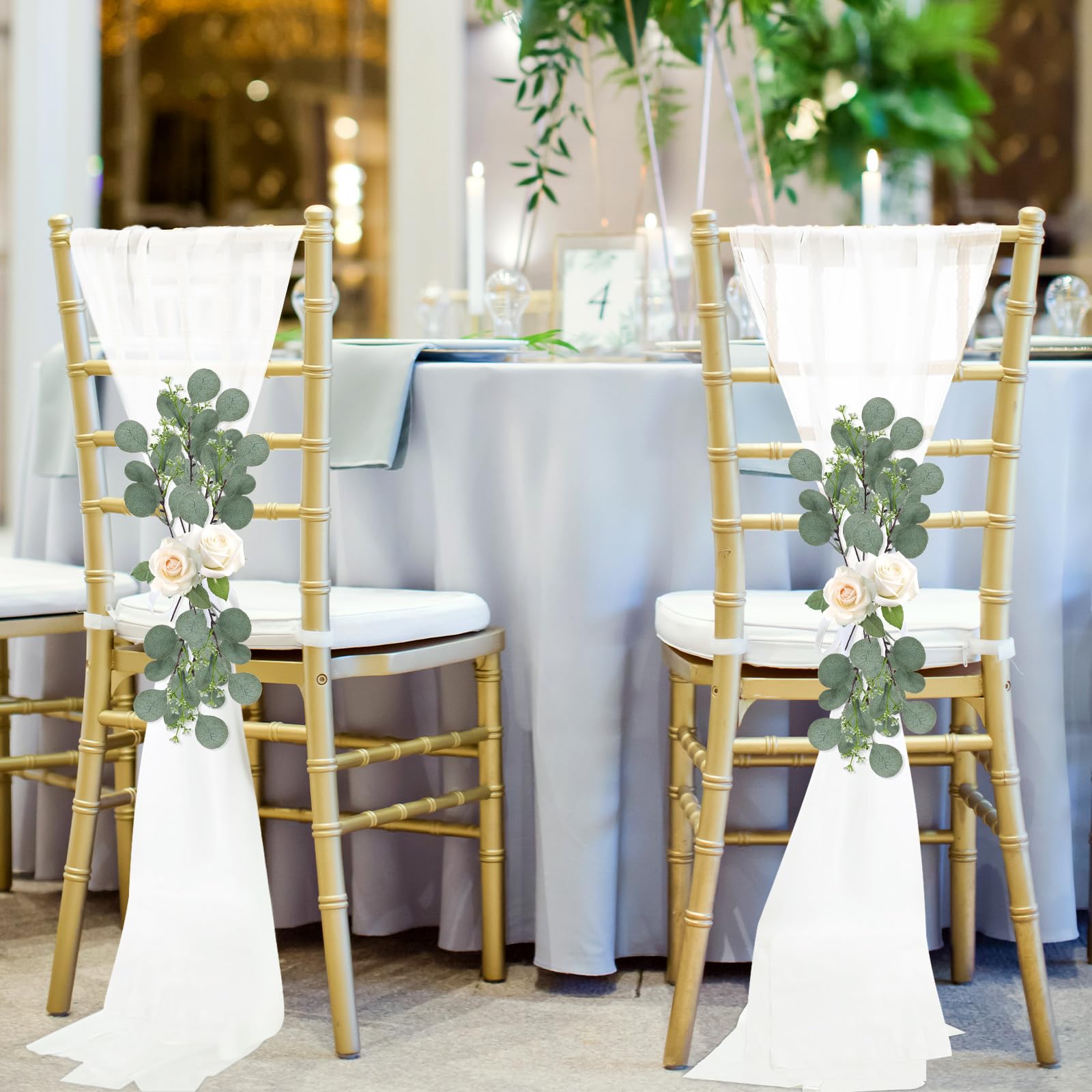 VitalCozy 24 Stück Hochzeit Gang Dekorationen für Hochzeitszeremonie Chiffon Stuhl Schärpen mit Bändern und künstlichem Eukalyptus Stiel Dekor für Hochzeit Kirche Stuhl Gang Bulk Dekorationen