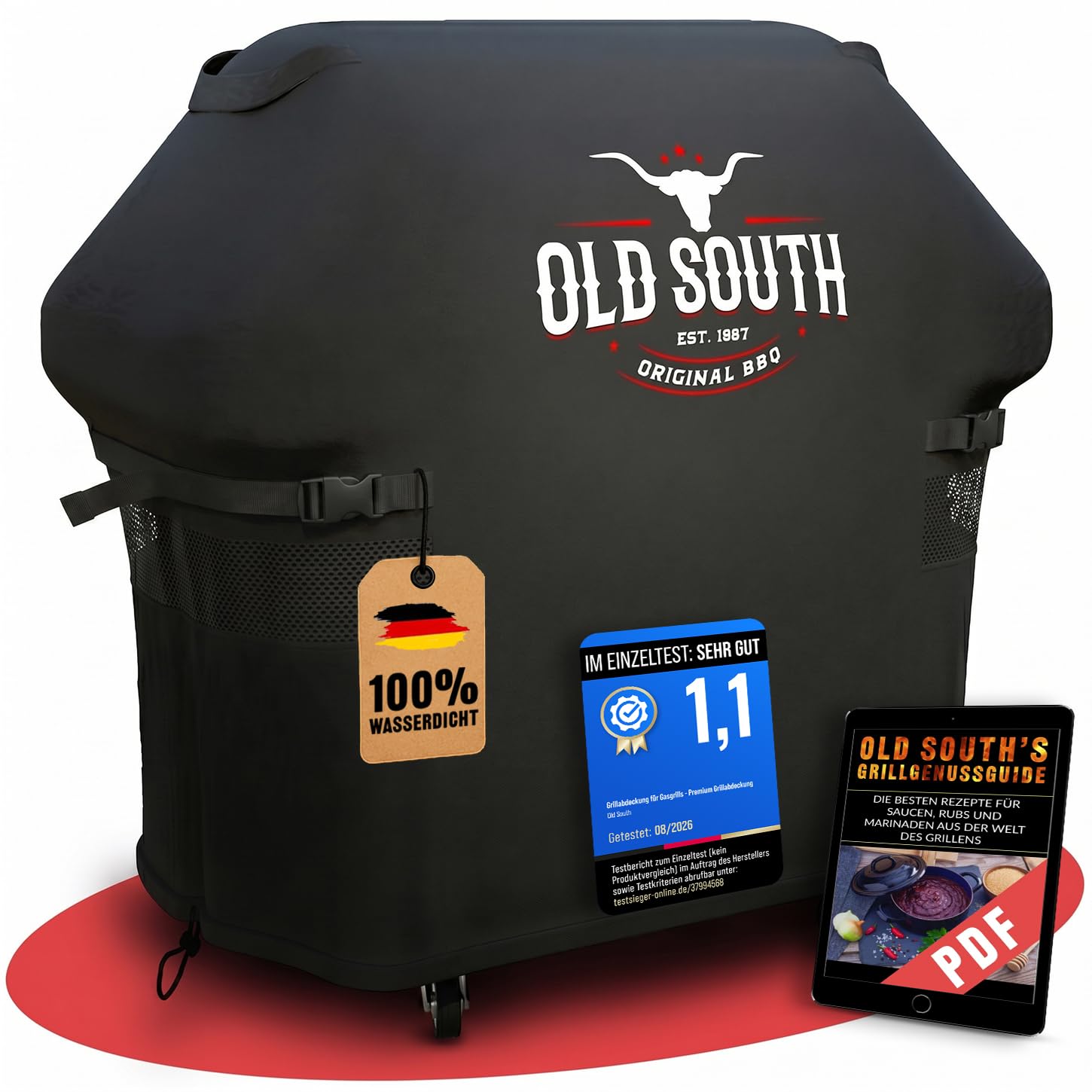 Old South - Grillabdeckung Wetterfest - Grill Abdeckhaube für Gasgrill | Für Weber, Napoleon, Enders, Rösle - Grillhaube Cover Wasserdicht (132 x 65 x 110 cm, Schwarz)