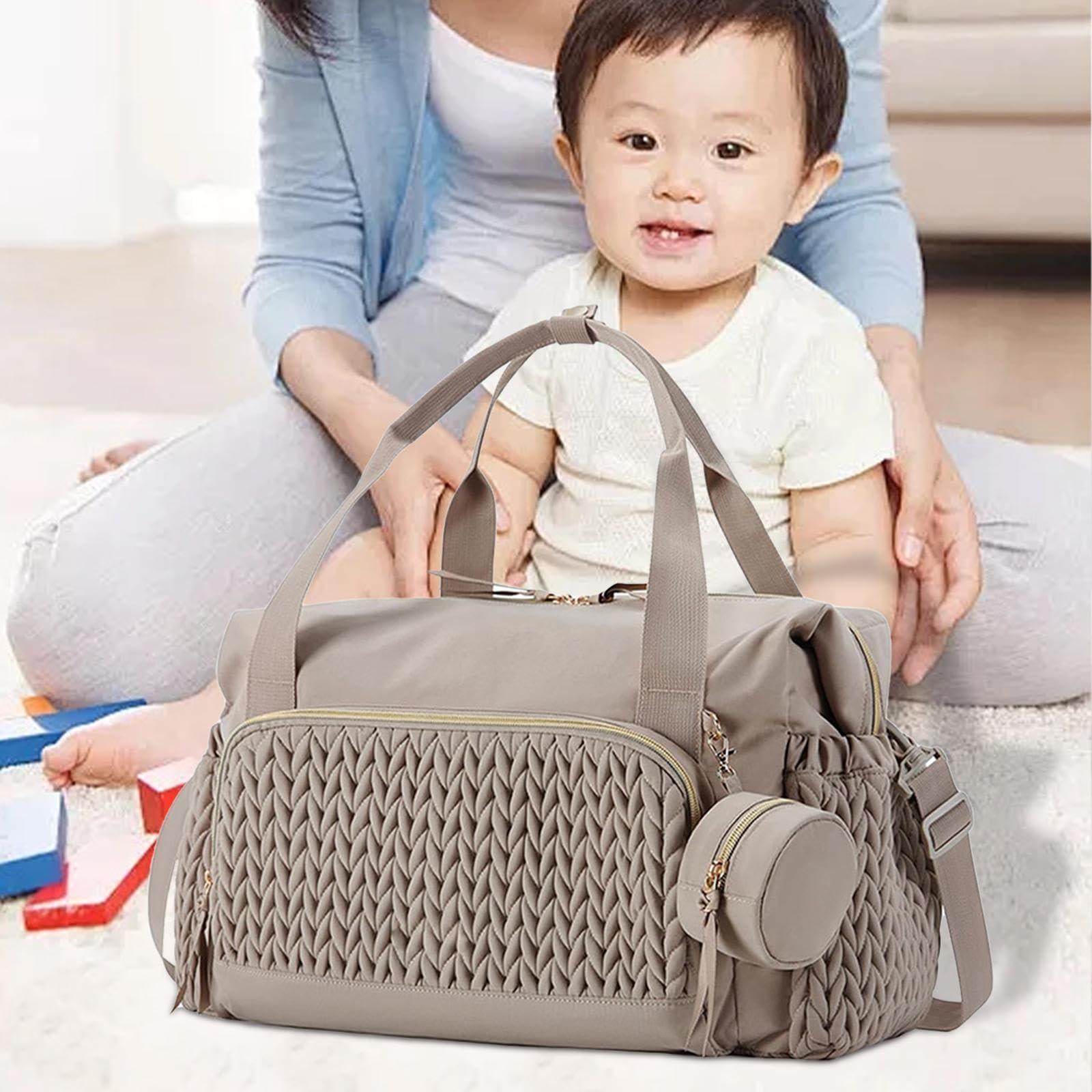 Sac à Langer Tote Organisateur Compartiments Multiples Bébé Nylon Pochette Sucette Amovible Bandoulière Réglable pour Femmes Transport Travail, Brun