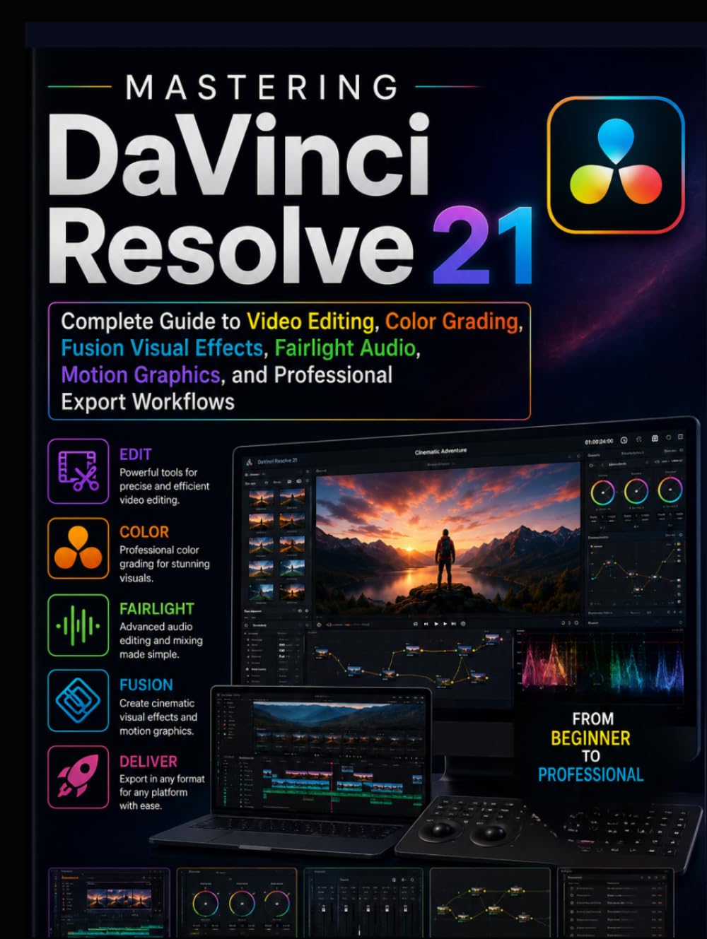 Mastering DaVinci Resolve 21: Complete Guide to Video Editing, Color Grading, Fusion Visual Effects, Fairlight Audio, Motion Graphics, and Professional Export Workflows