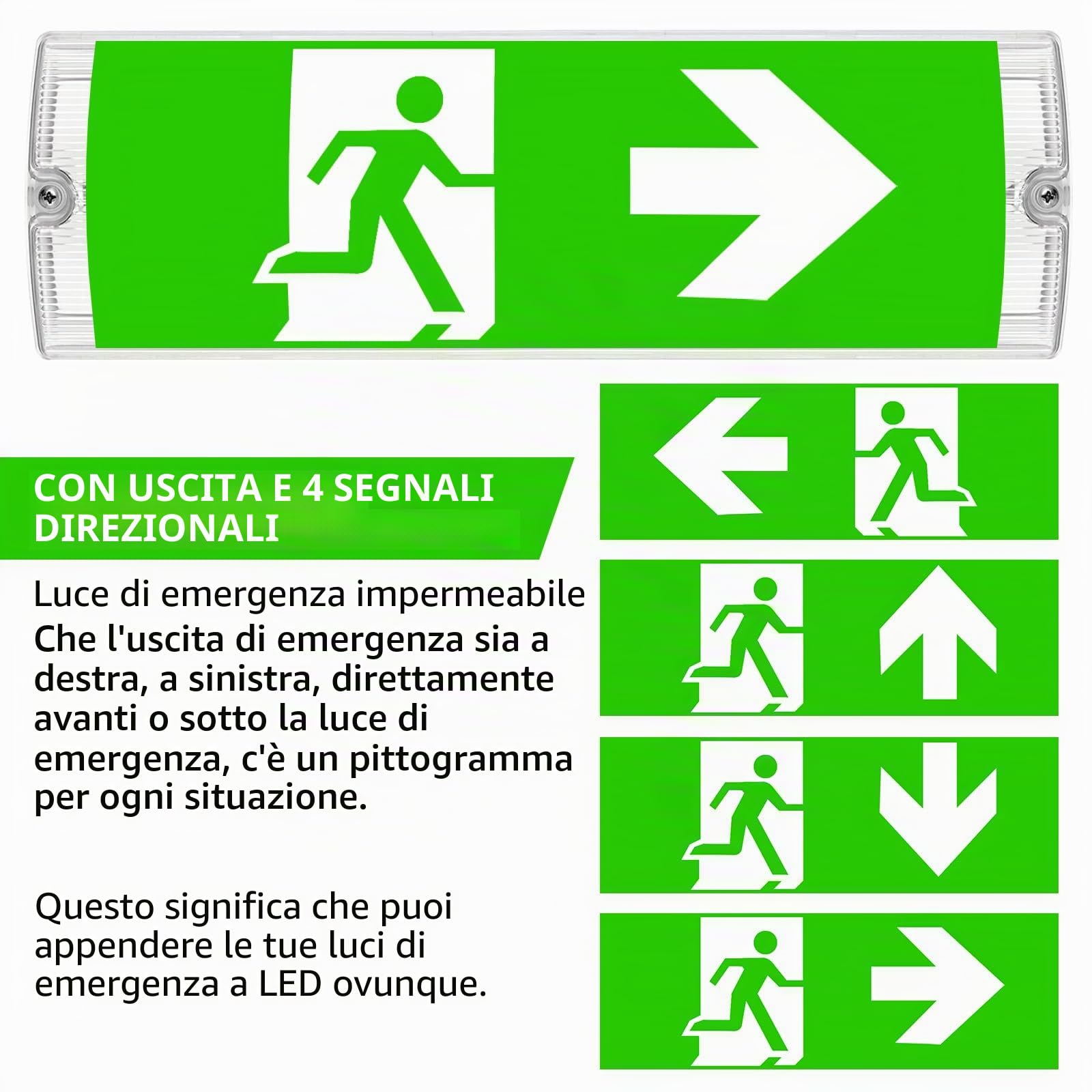 Cartello di emergenza professionale a LED con illuminazione di emergenza a batteria, IP65, impermeabile, 4 pittogrammi di sicurezza intercambiabili, ricarica automatica per illuminazione via