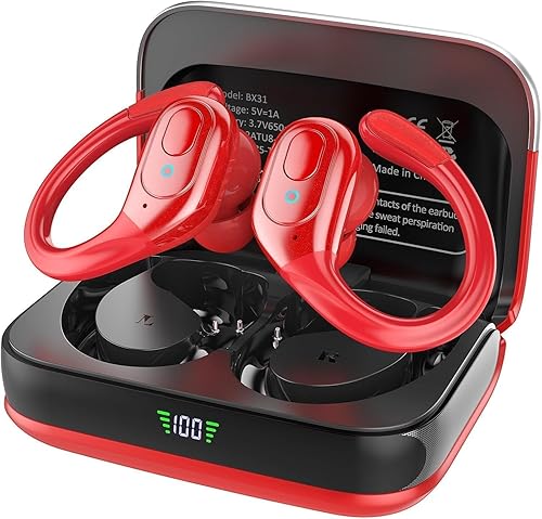 Miniatura 8 de Auriculares Bluetooth inalámbricos con reproducción de 75 horas, funda de carga con pantalla LED, IPX7 impermeable, diseño sobre la oreja para