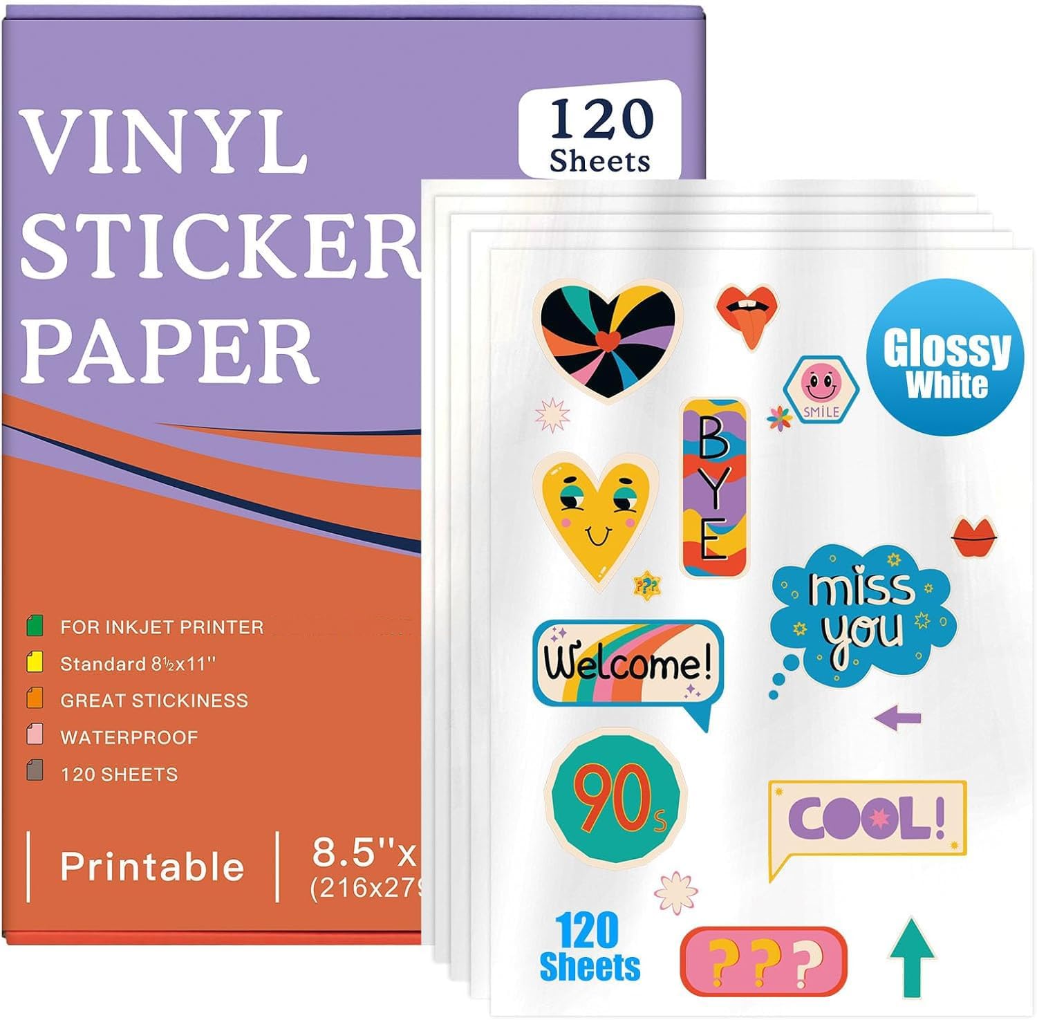 Premium Printable Vinyl Inkjet Stickers -120 Sheets Glossy White 8.5x11 Inch Sticker Paper,Suitable for inkjet printers?Waterproof?Fast Drying Vivid Colours, Retain Ink Well,Tear Resistant