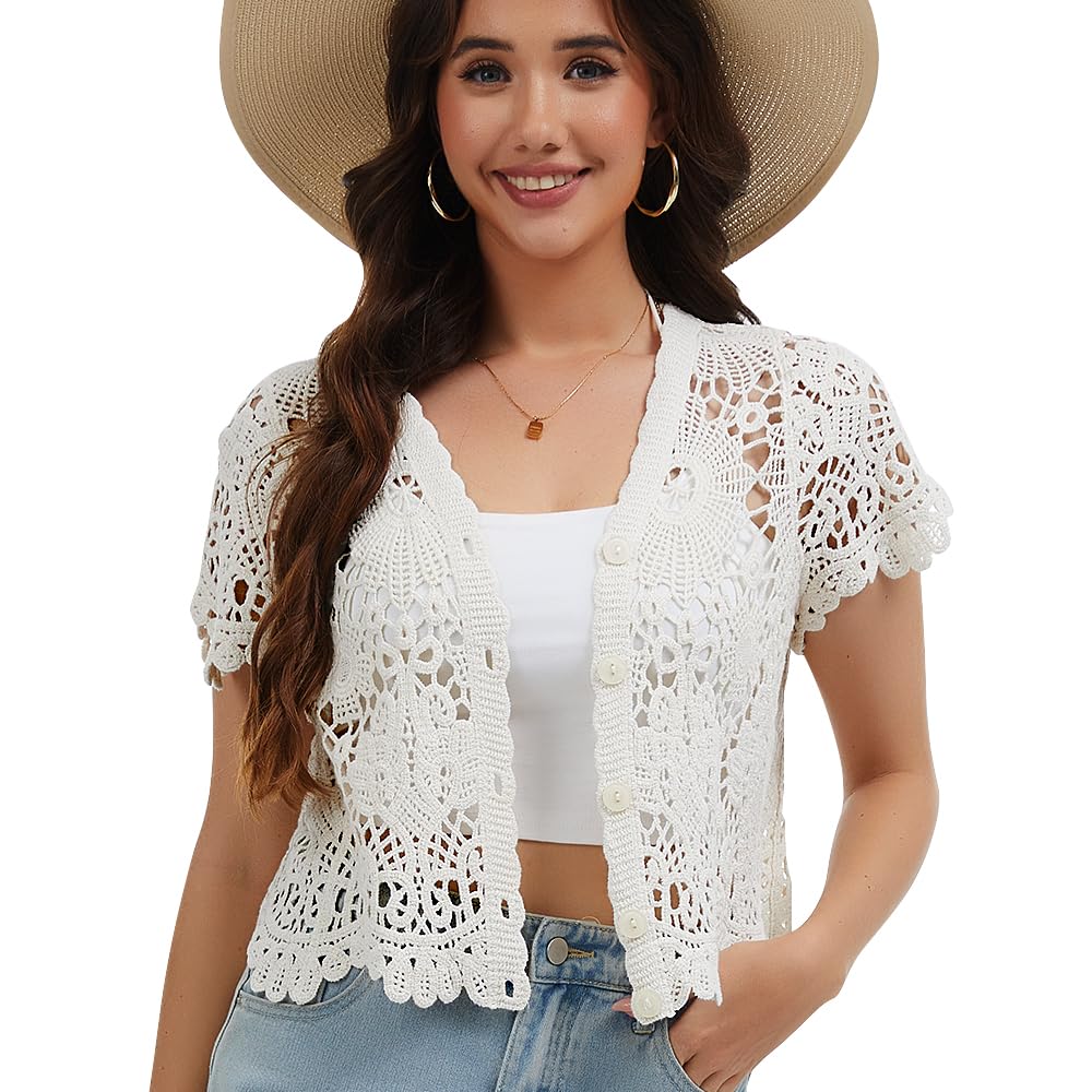 Smdppwdbb Women's White-A Short Sleeve Bolero Shrugs Crochet Lace Open Cardigan, One Size