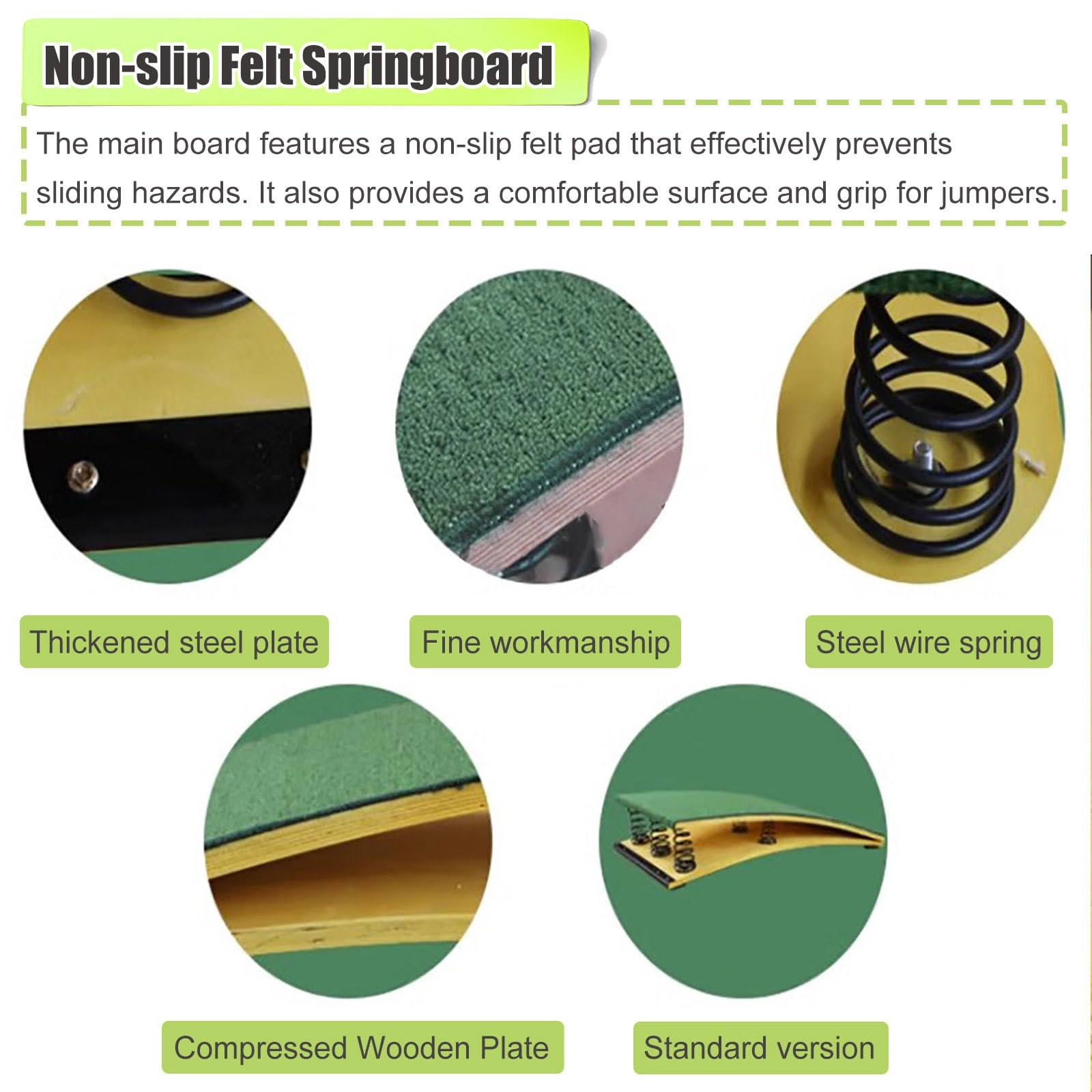 Trampolino Professionale per Centro di Ginnastica, Attrezzatura Sportiva per Allenamento Atletico Indoor e Outdoor/Ginnastica, Trampolino Curvo in Legno Duro,Green 2 Springs50x80x20cm