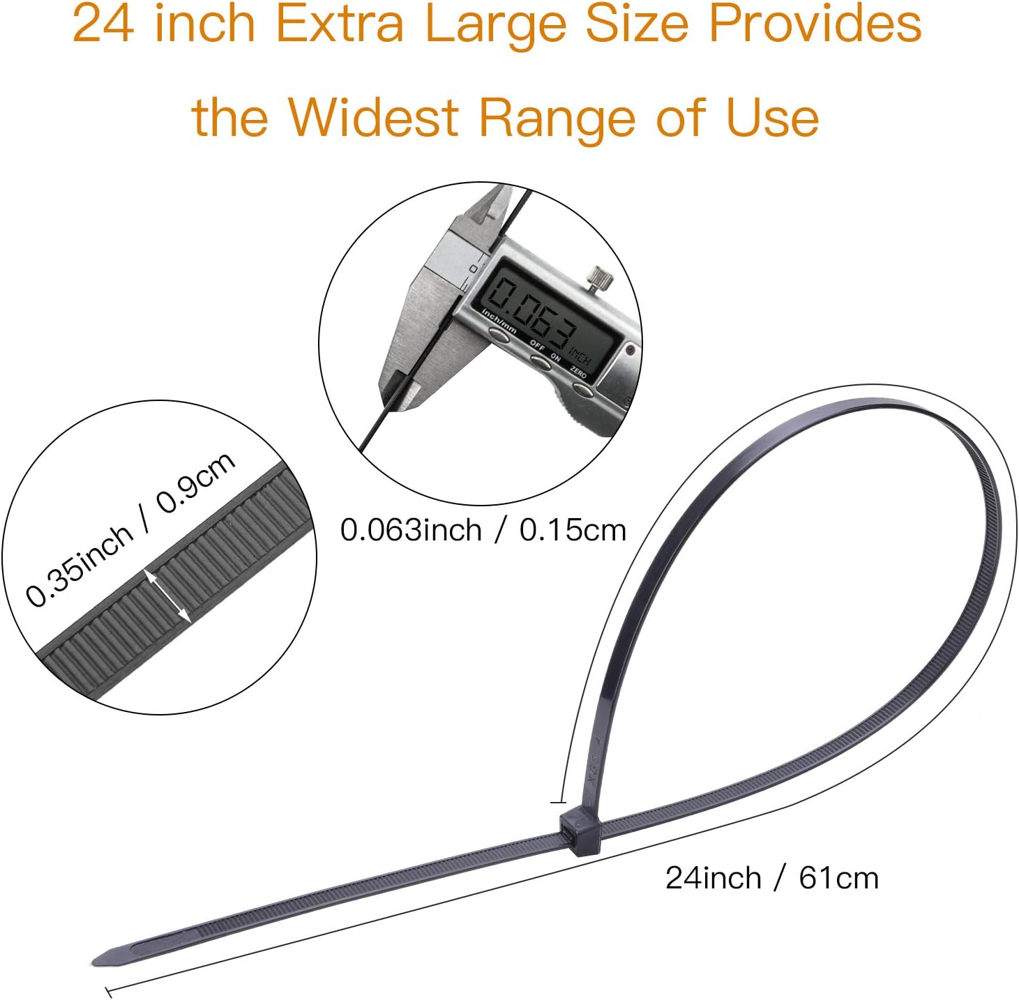 OneLeaf Cable Ties 24 Inch Heavy Duty Zip Ties with 200 Pounds Tensile Strength for Multi-Purpose Use, Self-Locking UV Resistant Nylon Tie Wraps, Indoor and Outdoor Tie Wire.30 Pcs Black