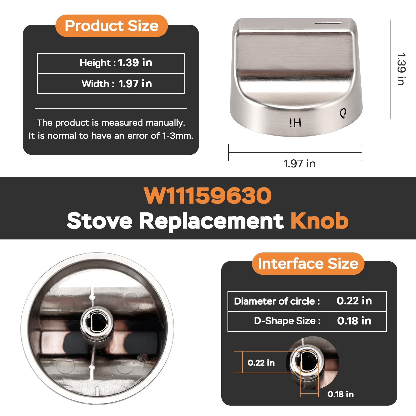 Genuine Whirlpool Gas Range Knob | Chrome Silver | OEM Part #W11159630 | Fits Many Models