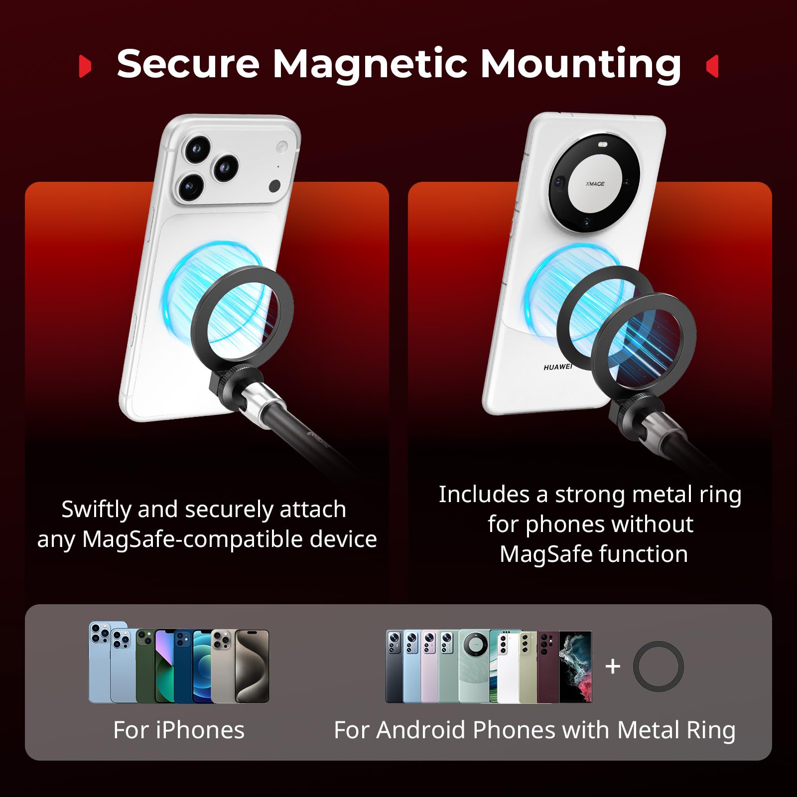 SMALLRIG Morsetto Magic Arm, supporto per telefono per Magsafe e anello adattatore magnetico, Magic Arm integrato da 11 pollici per iPhone, Android, per action cam/monitor LCD/luci LED - 5604