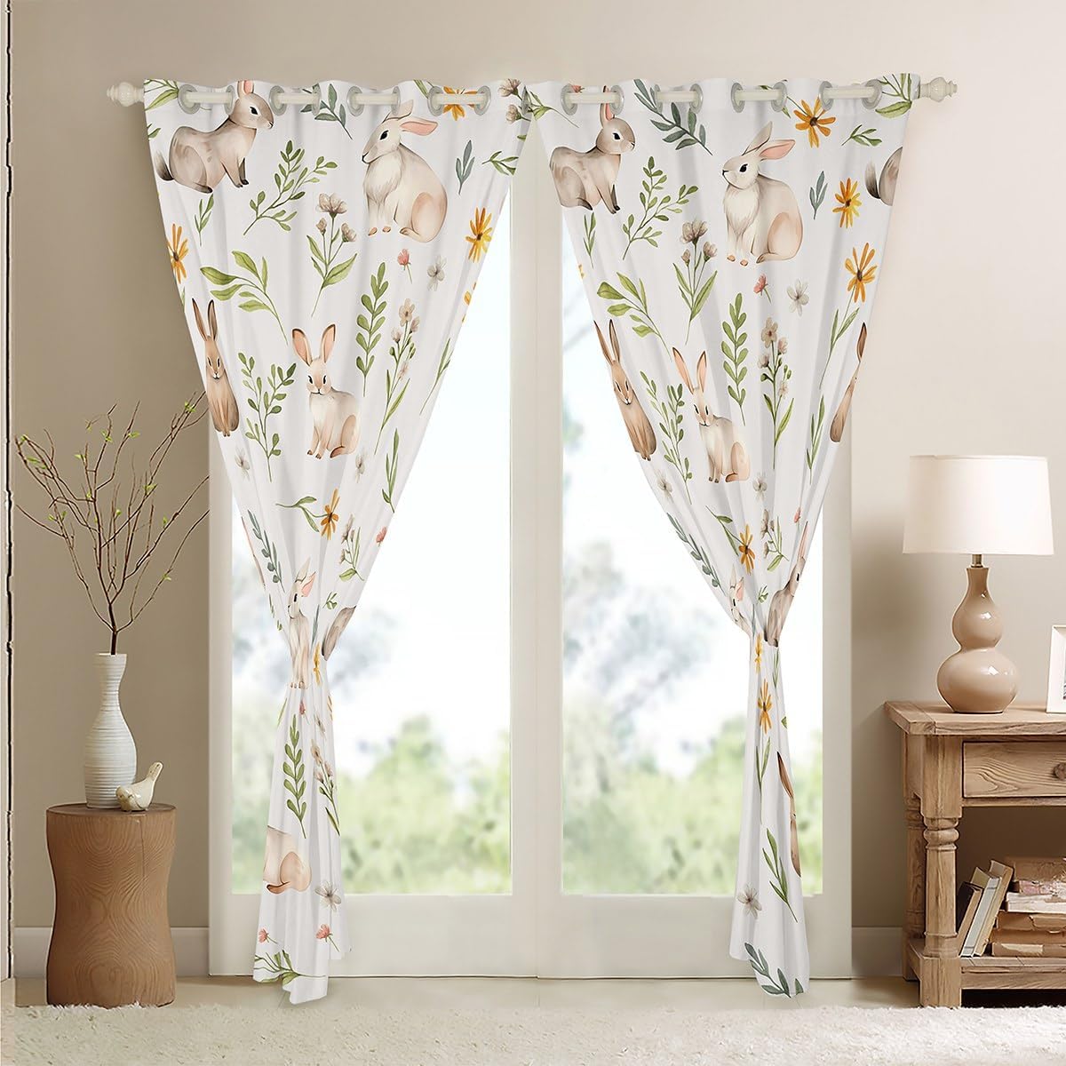 Cute Rabbit Curtains for Bedroom Living Room Girls Boys Kids (2 Panels, 52 x 63 Inch) Happy Easter Blackout Curtainsative Easter Bunny Darkening Dreapes Floral Botanical Print Window Treatments