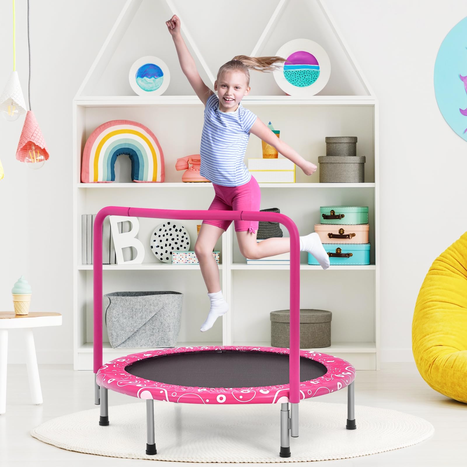 GYMAX Trampolino Pieghevole per Bambini, Trampolino Elastico con Maniglia Staccabile, con Struttura in Ferro, Portata 150 kg, Ideale per Interno ed Esterno, 92x92x80 cm (Rosa)