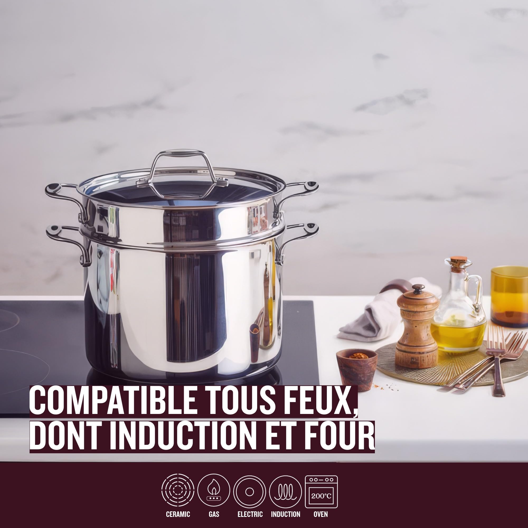 Beka Chef Marmite à Pâtes Inox 18/10 - 24 cm - 7,6 Litres - Panier Passoire Inclus - Tous Feux Compatible Induction, Argenté