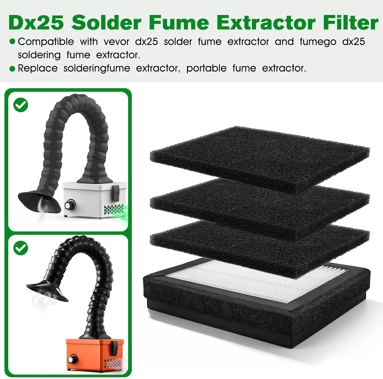 DX25 Solder Fume Extractor Filter & Soldering Fume Extractor HEPA Filter Replacement FUMEGO/VEVOR ‎DX25 Soldering Fume Filter (3 Pcs Washable Pre-Filter and 1 Pcs HEPA Filter)