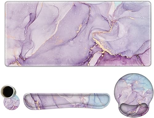 Miniatura 10 de ARTSO Juego de alfombrillas de mouse grandes, soporte ergonómico para la muñeca del teclado, almohadilla de escritorio de gel de espuma Mármol