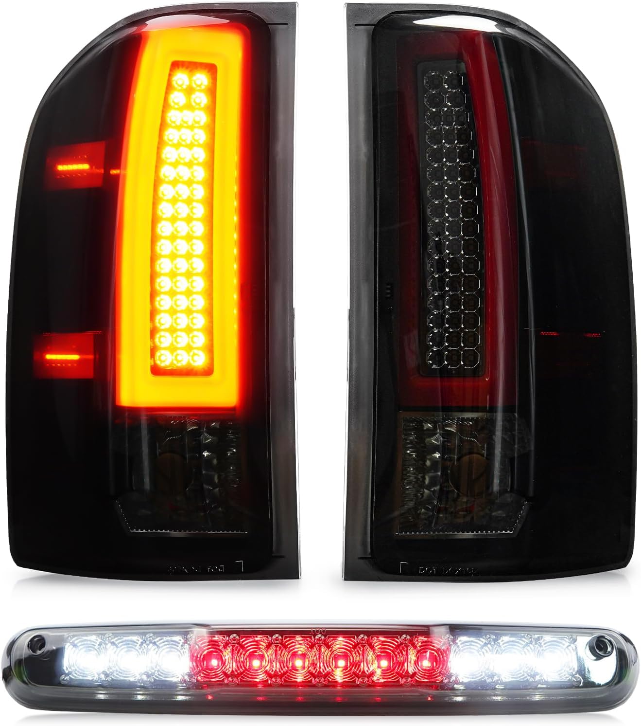 LED Tail Lights + 3rd Third Brake Cargo Lamp for Chevy Silverado 1500 2007-2013, 2500 3500 2007-2014, for GMC Sierra 3500 HD 2008-2014, High Mount Stop Light Rear Taillight, Chrome Housing Smoke Lens