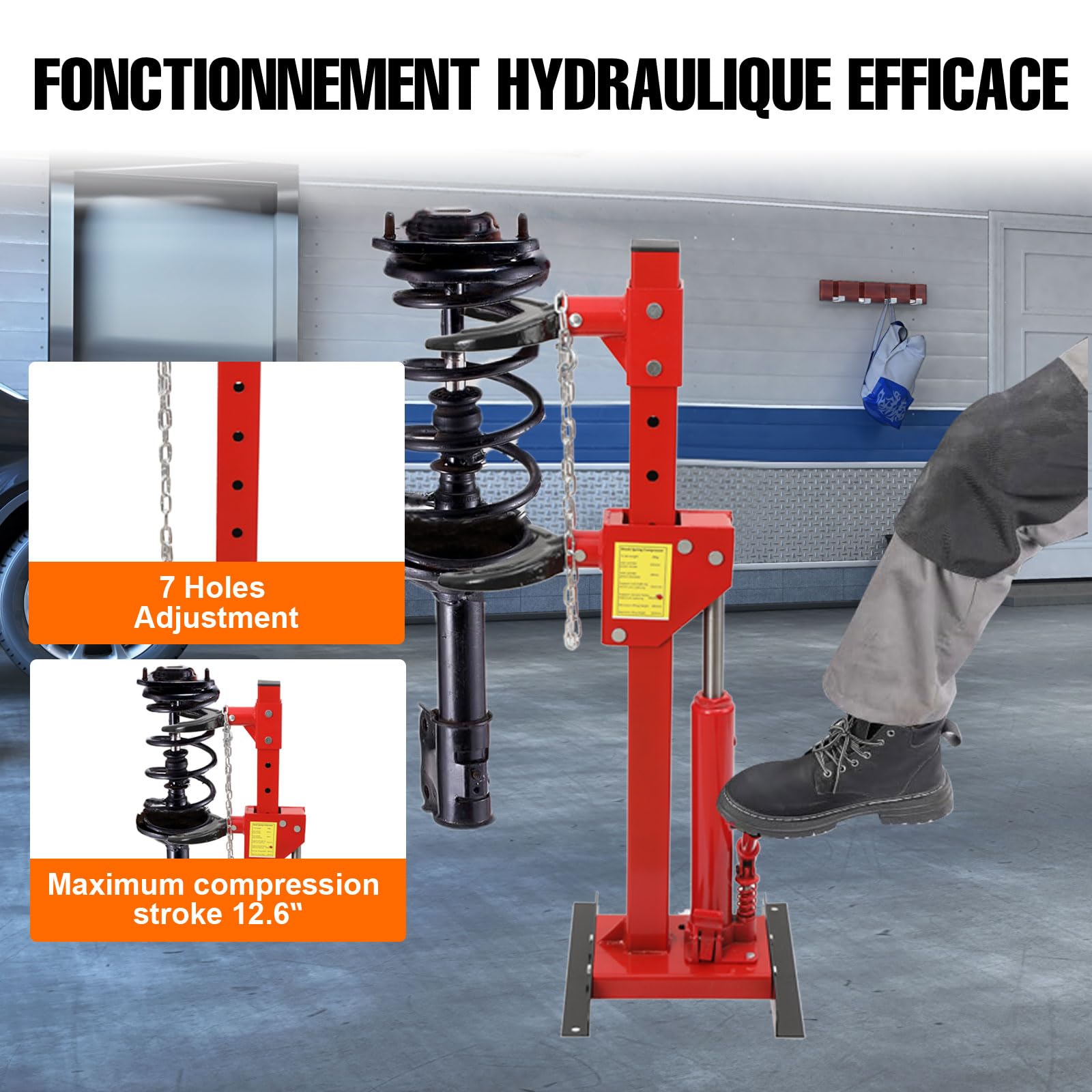 Compresseur Ressort Amortisseur, Hydraulique pour Voiture 3T/ 3000KG, Tendeur de Ressort Vérin Hydraulique Opération à Pied 7 Niveaux de Hauteur, pour Voiture Camion Caravane Réparation