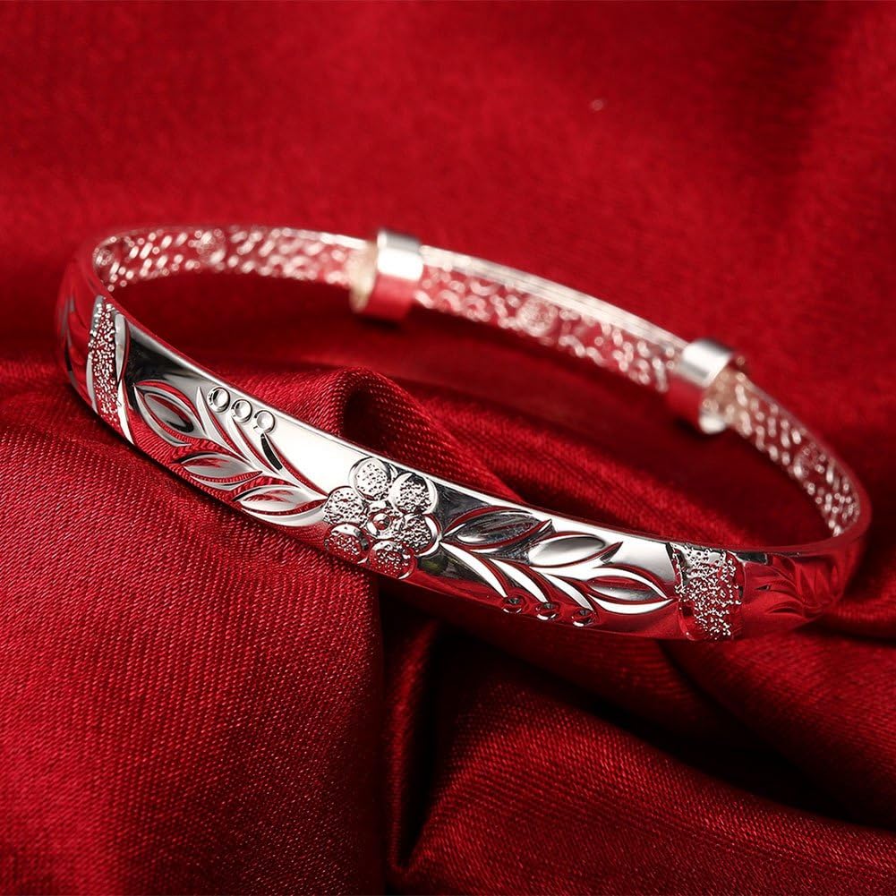 Yuren Women's 925 Sterling Silver Fu Flower Carved Bangle Bracelet 17.5g Weight 6.5CM for Wedding Gift