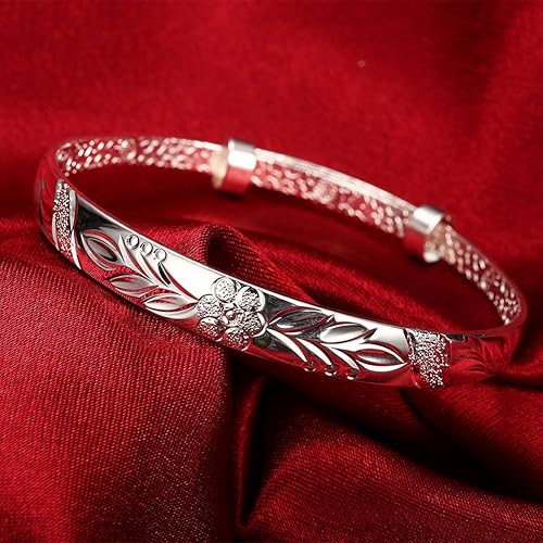 Miniatura 5 de Yuren Pulsera de plata de ley 925 tallada con flor de fu, 0.62 oz, peso 2.6 in, para regalo de boda