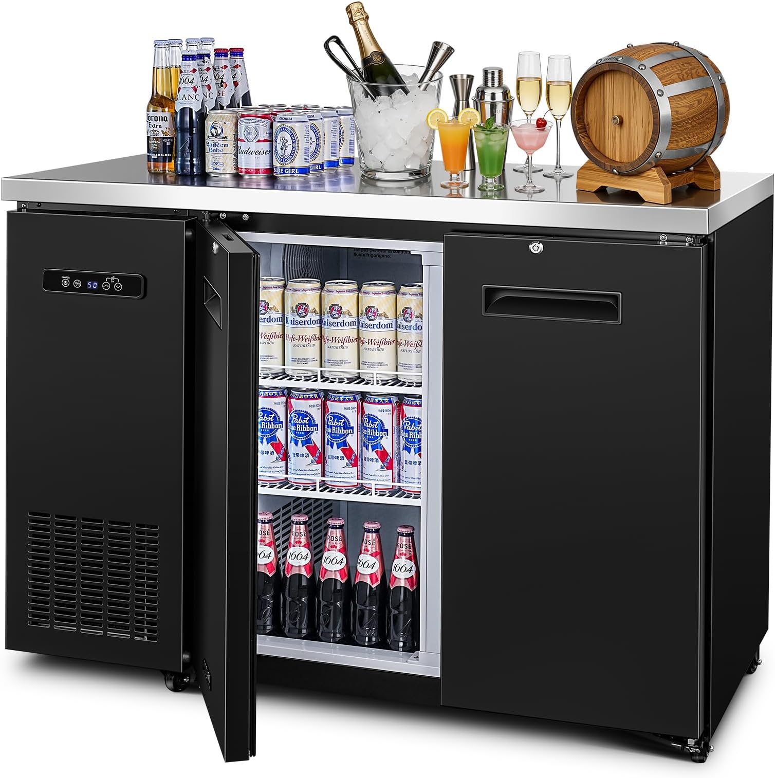 BODEGA BODEGACOOLER Commercial Back Bar Cooler with 2 Solid Doors,12 Cu.Ft Commercial Counter Height Bar Refrigerator,Display Drink Beverage Beer Fridge LED Light,SUS304 Top,4 Casters,Black