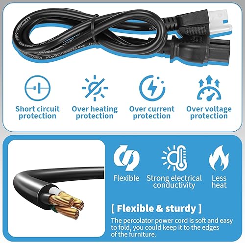 Miniatura 6 de HASMX Cable de alimentación percolador de 3 clavijas de 36 pulgadas para percolador Hamilton Beach modelo 40616, pieza de repuesto para cafetera,