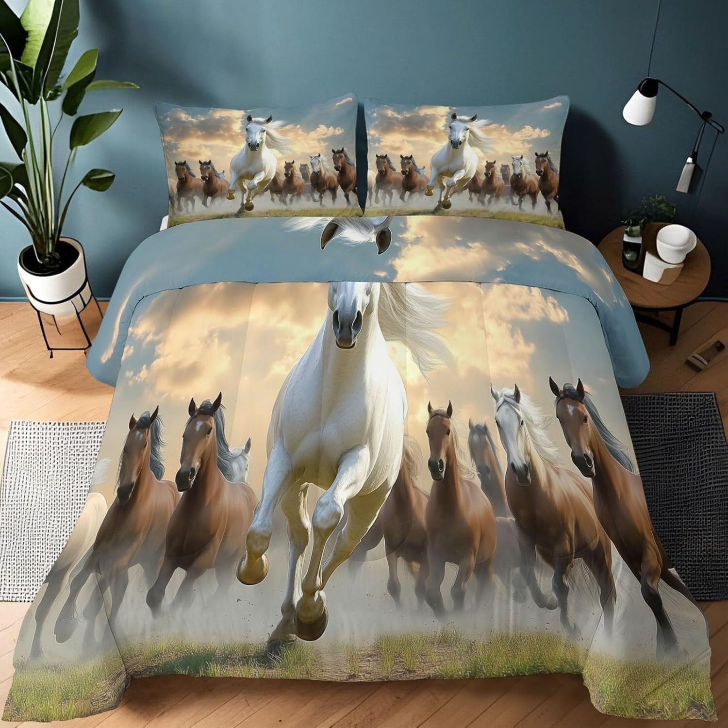 Couette 240x260 chaude chevaux au galop édredon microfibre 2 personnes