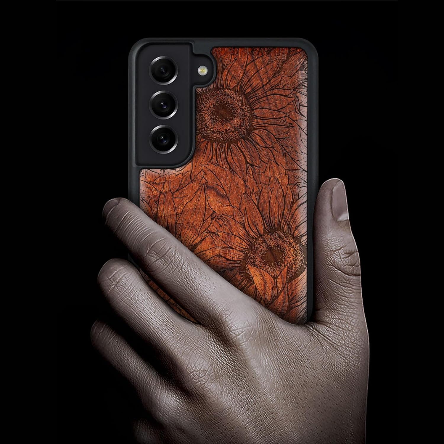 Carveit Wood Case for Galaxy S21 Case [Natural Wood & Black Soft TPU] Shockproof Hybrid Protective Unique Wooden Cover Compatible with Samsung S21 (The Helianthus Sketch-Rosy)