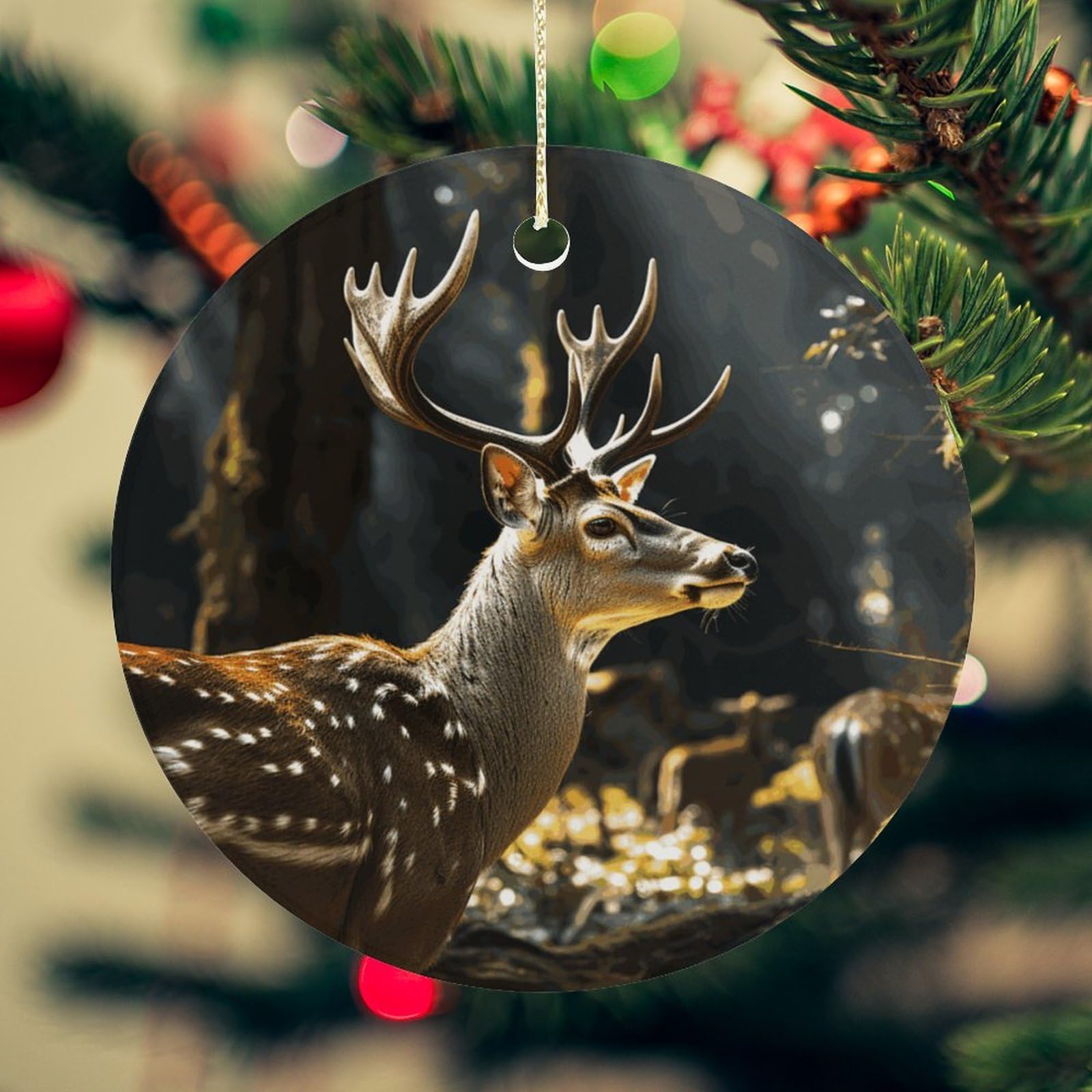 Deer in Wild Christmas Ornament for Christmas Tree Ceramic Round Ornament Winter Holiday Keepsake Gift 2.7" Christmas Tree Hanging Decorations Circle Ceramic Pendant Xmas Gift
