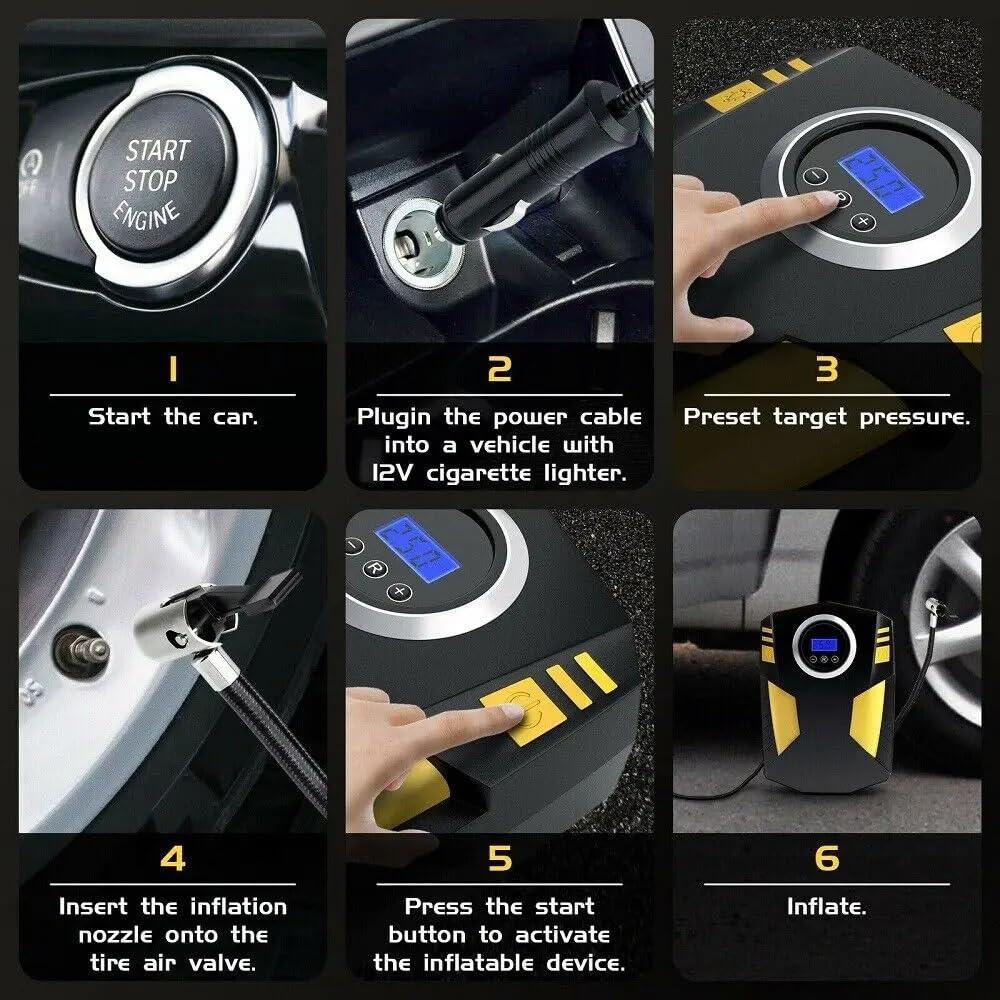 Compresores de Aire portátiles Inflador de neumáticos de Coche con Pantalla Digital, compresor de Aire portátil de 12V CC con luz LED Inflador Electrico