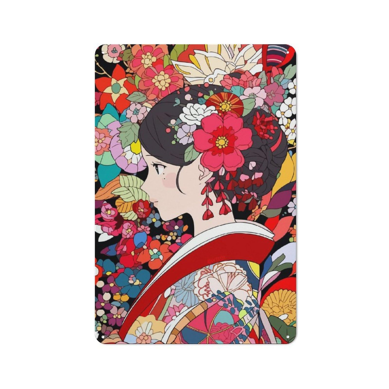 Junmoney Girls Flowers Kimono Art Rustic Tin Sign 30X20cm Featuring For Garage Or Workshop, For Updating Garage And Workshop After Moving