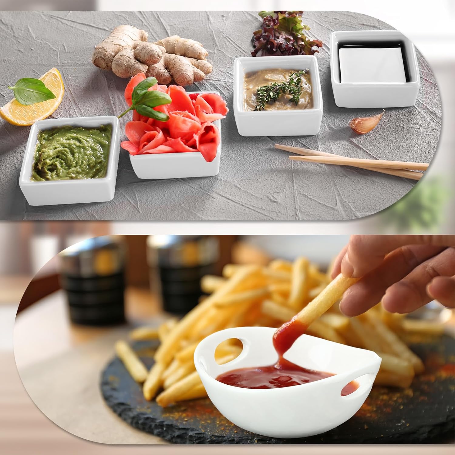 2 Sets Ceramic Chip and Dip Serving with Acacia Wood Tray and Spoons Serving Dishes for Entertaining 3 Dipping Bowls with Handles 3 Square Sauce Cups Condiment Tray for Snacks Appetizers