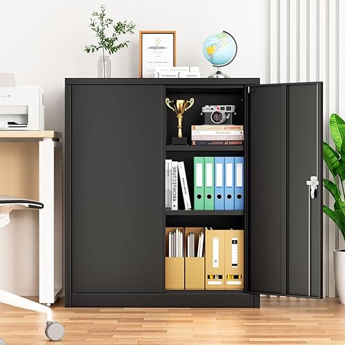 Miniatura 8 de Armario de almacenamiento de garaje de 42 pulgadas, gabinete de almacenamiento de metal negro con puertas de bloqueo y estantes ajustables, gabinete