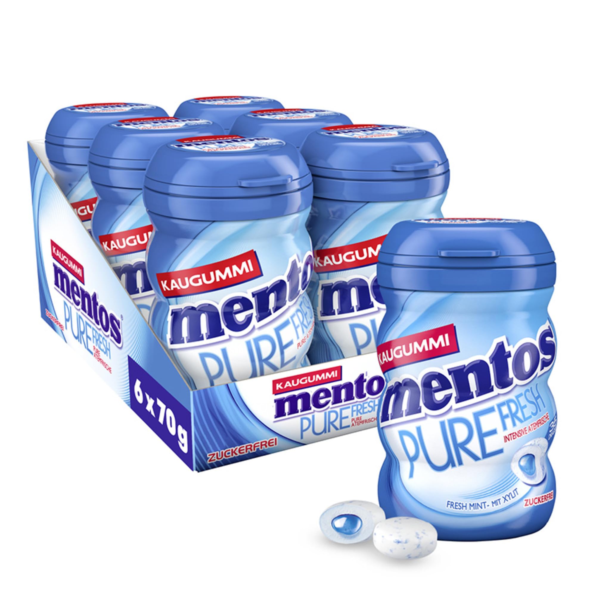 Mentos Kaugummi Pure Fresh Mint, 6 Boxen zuckerfreie Chewing Gum Dragees mit Pfefferminz-Geschmack & flüssiger Füllung, Multipack (6 x 35 Stück)